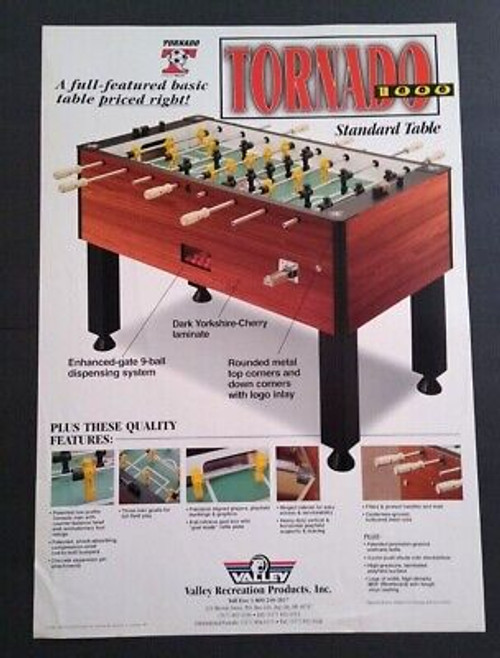Valley Tornado Wall Poster 1998 Foosball Soccer Table Game 27" X 19" Has TEARS