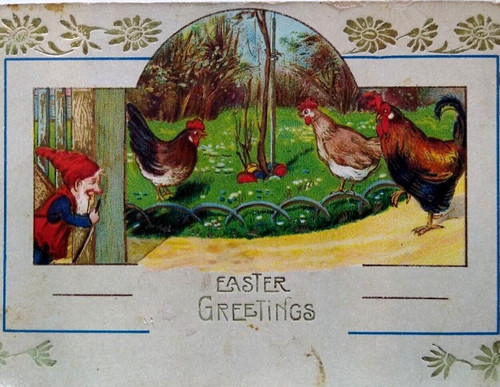 Easter Postcard Fantasy Gnome Dwarf Hens Chickens Vintage Gel Series 444 Germany