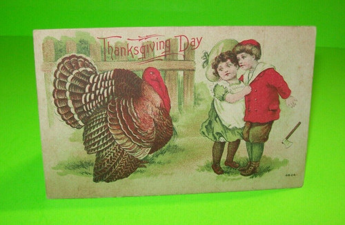 Thanksgiving Day Postcard Vintage Series 4804 Girl & Boy Drops Tomahawk Antique