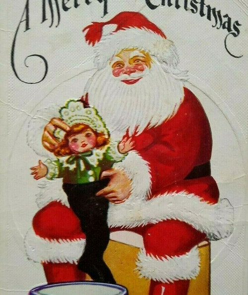 Santa Claus With Doll Toys Christmas Postcard Vintage Embossed Original Unused