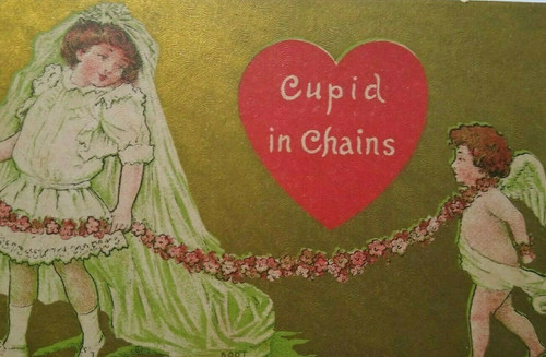 Valentines Postcard Cupid Angel In Chains Vintage Original Girl In Wedding Dress