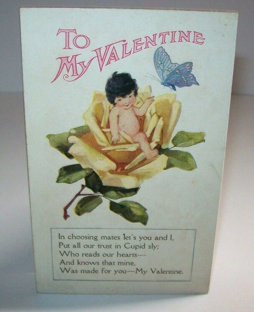 Valentines Day Postcard Baby Seated Inside White Rose Vintage Original Unused