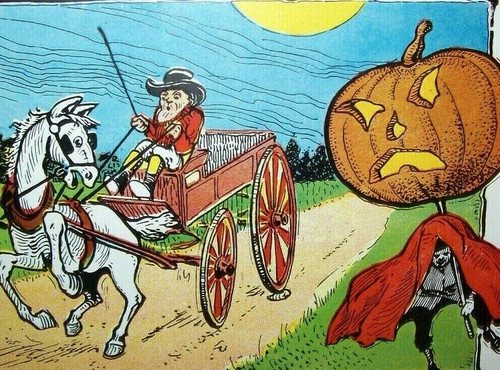 Halloween Postcard Fantasy Horse Carriage Buggy Coach Driver Gets Spooked Unused