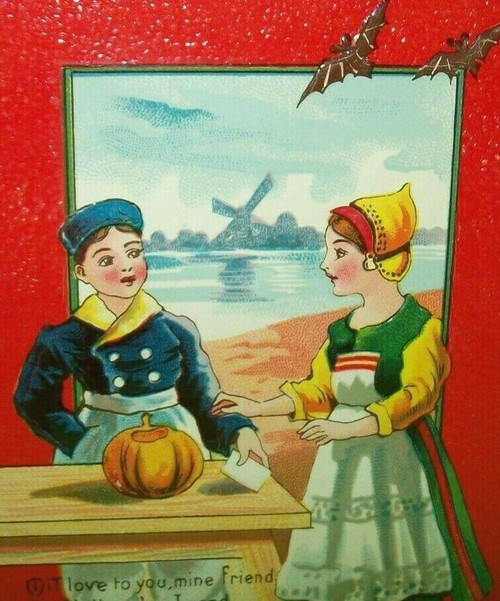 Halloween Greetings Postcard Dutch Windmill Bats Embossed Portland 1910 Gel Coat