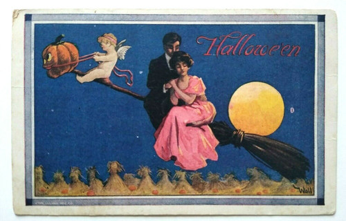 Original Halloween Postcard Series 182 Cupid Baby Flying On Broom Corr Ullman