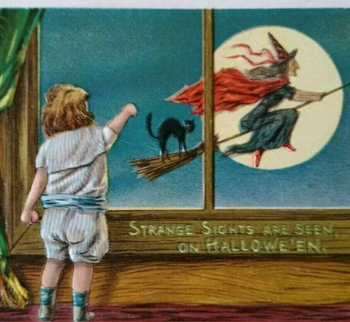 Halloween Postcard Window View Flying Witch Black Cat Anglo-American 876 Unused