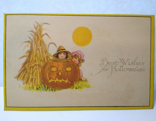 Halloween Postcard Children JOL Pumpkin Sun Corn Field Pink Of Perfection 606