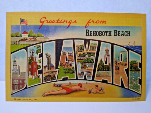 Greetings From Rehoboth Beach Delaware Postcard Large Big Letter City Town Linen