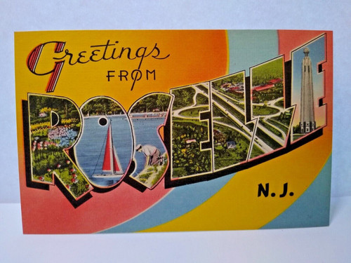 Greetings From Roselle New Jersey Postcard Large Big Letter Town Linen Unused NJ