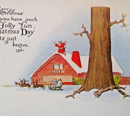 Santa Claus Christmas Postcard Kids Steal Sled Reindeer Pink Of Perfection 1915