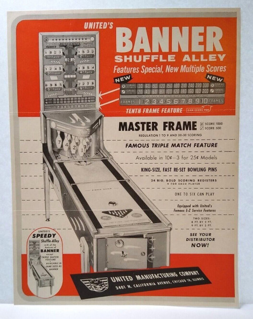 Banner Arcade Flyer 1954 Original Vintage United Shuffle Alley Game Art 8" x 11"