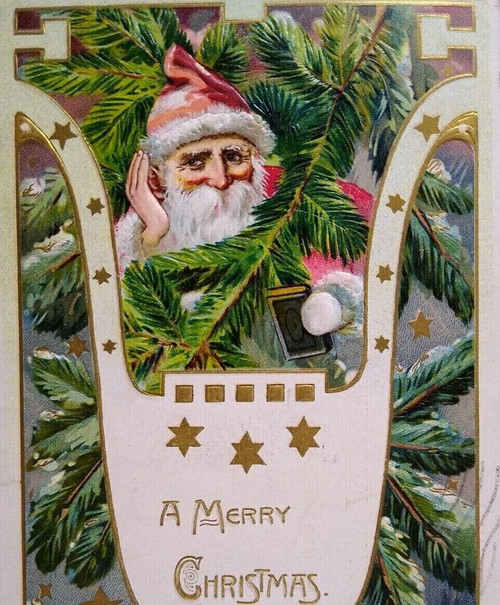 Santa Claus Christmas Postcard 1909 Peeking Behind Tree Branch Tucks Series 505