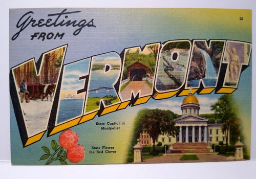 Greetings From Vermont Large Big Letter Linen Postcard Unused Red Clover Flowers