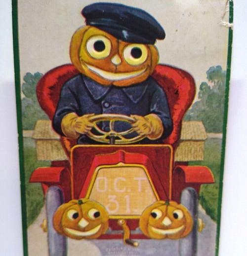 Halloween Postcard Fantasy Goblin Man Drives Pumpkin Car Auto JOL Lanterns 1908