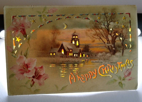 Hold To Light Postcard Happy Christmas Village Church Stars Crescent Moon Flower