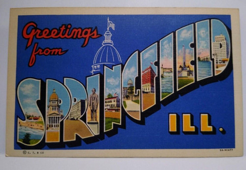Greetings From Springfield Illinois Large Big Letter Linen Postcard Unused