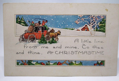 Christmas Postcard Whitney Family Rides Horse And Carriage Buggy In Snow 1922