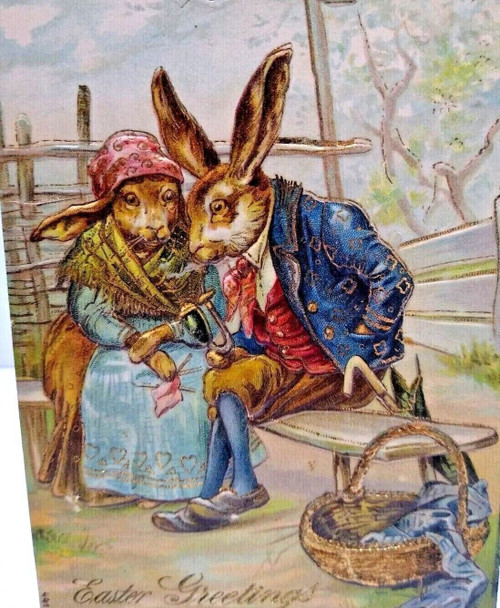 Easter Postcard Fantasy Dressed Bunny Rabbits Series 441 Gold Trim Embossed