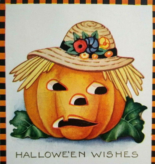 Halloween Postcard Whitney Checker Border Goblin In Straw Hat Bangor ME 1924