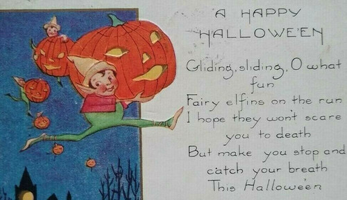 Original Halloween Postcard Whitney Running Fairy Gnome Elf Brownie 1923 Boston