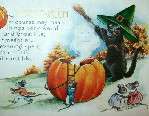 Halloween Postcard Whitney Ghost Black Cat In Green Witches Hat Original Unused