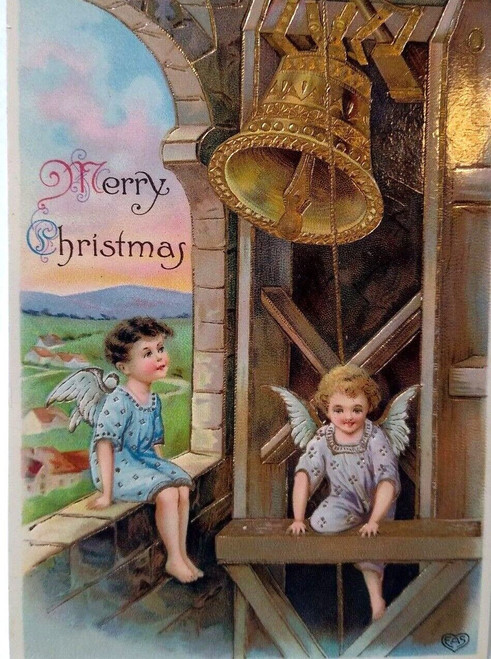 Christmas Fantasy Postcard Cherub Angels Gold Bell EAS High Gloss Card Germany