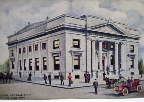 St Paul Minnesota Postcard First National Bank Old Car Horse & Buggy R Steinman