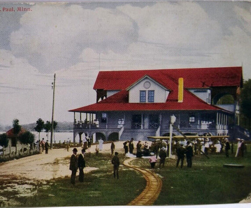 St Paul Minnesota Postcard Phalen Park Train Trolley Tracks Pavilion People 1910