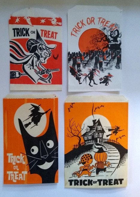 Halloween Candy Treat Bags Witch On Broom Haunted House Black Cats Graveyard