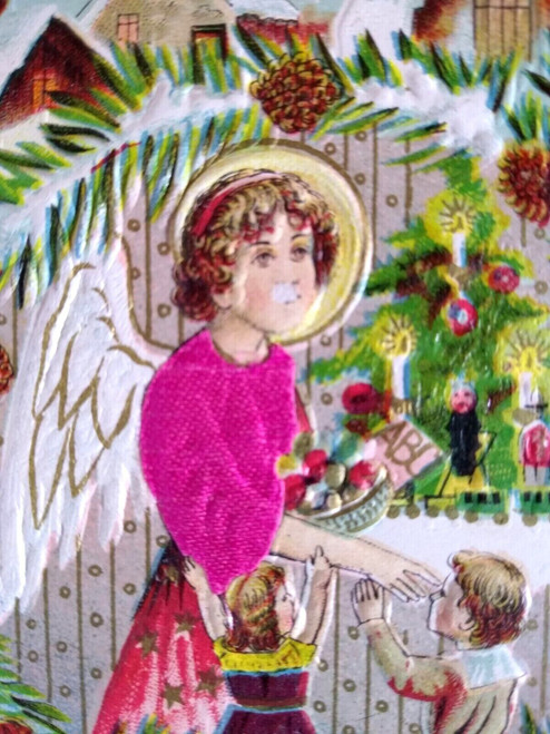Angel Christmas Fantasy Postcard Silk Fabric Embossed Austria Children Tree