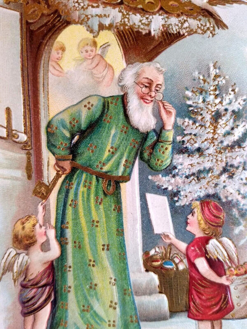 Santa Claus Green Robe Fantasy Postcard Cherubs Angels Christmas 216 Germany ASB