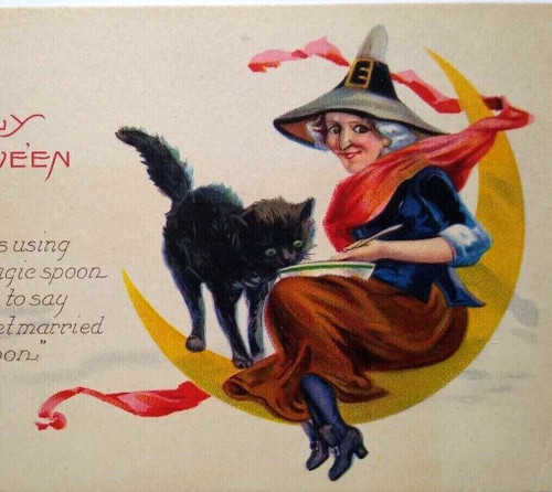 Halloween Postcard Witch And Black Cat On Crescent Moon Fantasy Stecher 1238 D