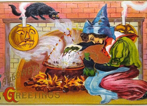 Halloween Postcard Fantasy Witch Magic Potion Cauldron Black Cat Lions Head 116 Halloween Postcard Fantasy Witch Magic Potion Cauldron Black Cat Lions Head 116