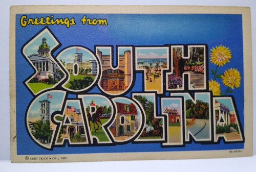 Greetings From South Carolina Large Big Letter Linen Postcard Curt Teich Flowers Greetings From South Carolina Large Big Letter Linen Postcard Curt Teich Flowers