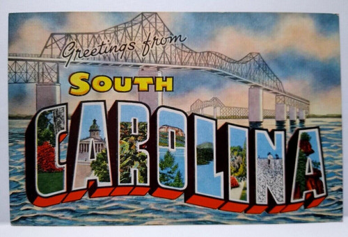 Greetings From South Carolina Long Tall Bridge Large Big Letter Postcard Linen