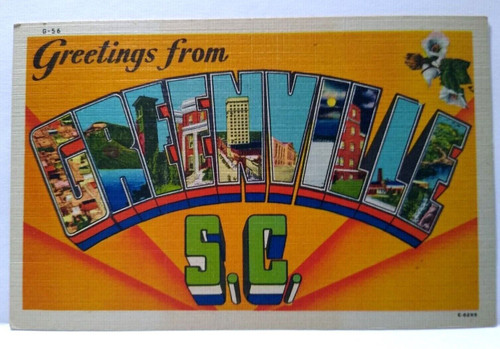 Greetings From Greenville South Carolina Large Big Letter Linen Postcard Unused