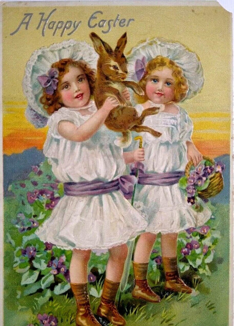 Easter Postcard Victorian Girls Hold Bunny Violets Flowers Basket Tucks 700