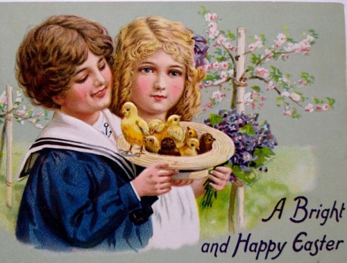 Easter Postcard Victorian Children Baby Chicks In Straw Hat 1908 Tucks 112