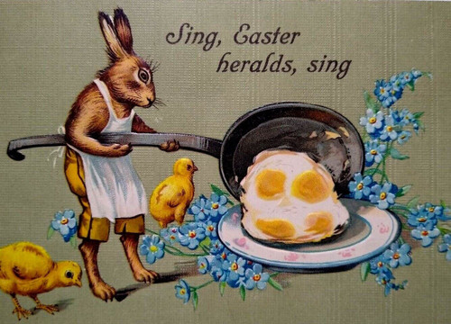 Easter Postcard Anthropomorphic Dressed Rabbit Cast Iron Skillet Cooks Eggs 358