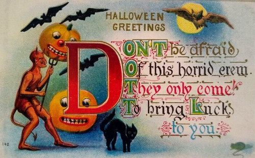 Halloween Postcard Fantasy Red Devil Vampire Bats Black Cat Rat HIR 142 Unused