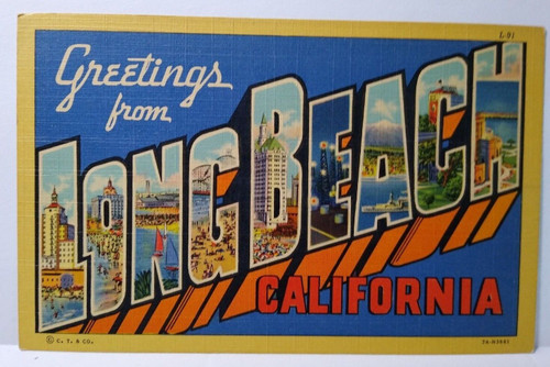 Greetings From Long Beach California Large Letter Linen Postcard Curt Teich