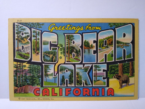 Greetings From Big Bear Lake California Large Letter Linen Postcard Curt Teich