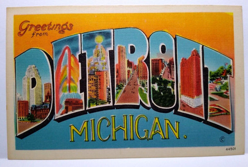 Greetings From Detroit Michigan Large Letter Postcard Linen Metropolitan Unused