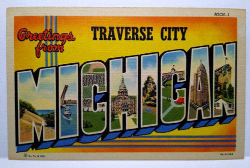 Greetings From Traverse City Michigan Large Big Letter Postcard Linen Curt Teich