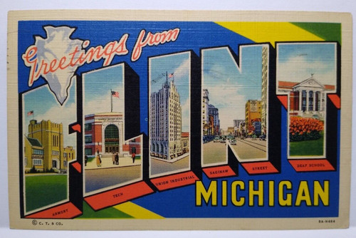 Greetings From Flint Michigan Large Letter City Postcard Linen Curt Teich 1940