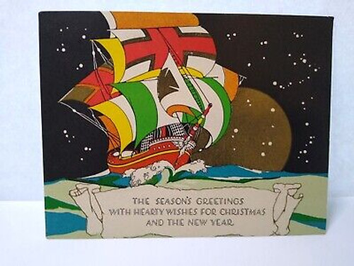 Christmas Greeting Card 1929 Sailing Pirate Ship Boat On Ocean Seas Night Stars