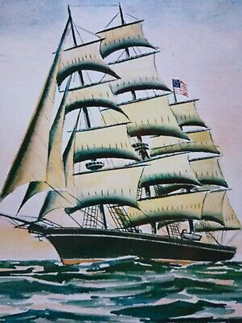 Pirate Ship Print Trexler Nautical Ocean Waves US Flag T Rex Vintage Clipper