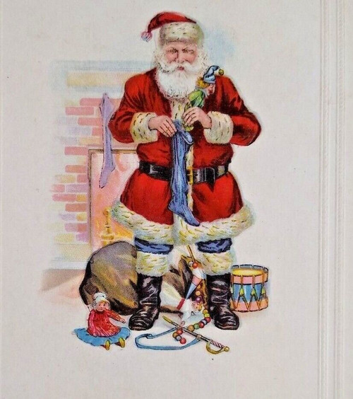 Santa Claus Postcard Christmas Saint Nick Fills Stocking Fireplace Series 6030