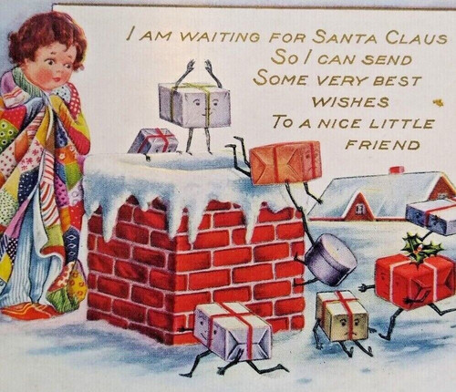 Anthropomorphic Fantasy Christmas Postcard Gifts Come Alive Jump Down Chimney