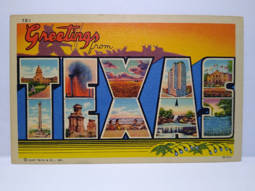 Greetings From Texas Big Large Letter Linen Postcard Unused Curt Teich Cowboy